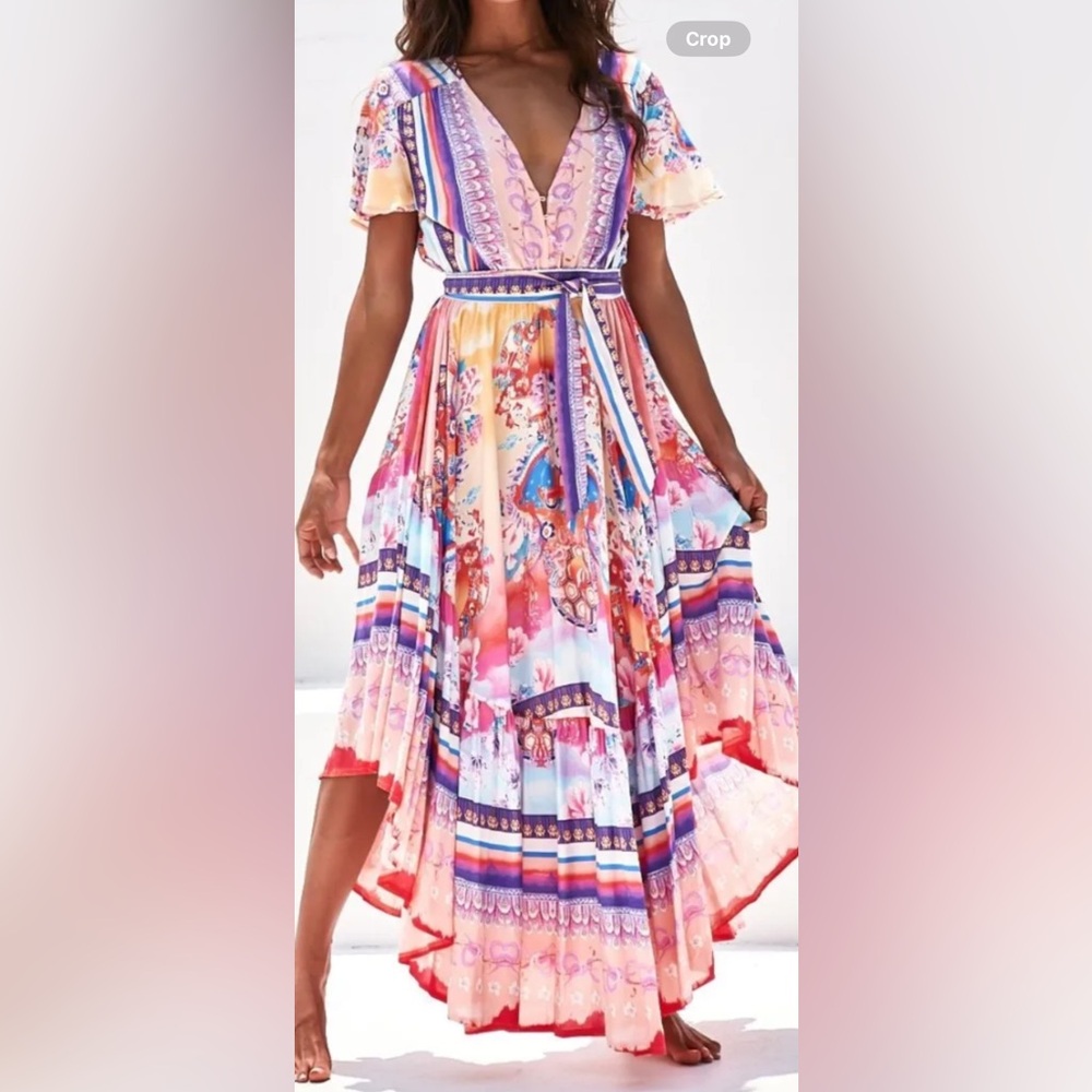 JAASE Boho Floral Maxi Dress Size Small Pink Purple Hi Low Midi Dress
(1139)